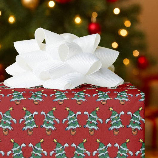 Dancing Christmas Trees Xmas Pixel Art Pattern Cadeaupapier