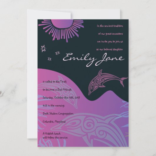 DANCING DOLPHINS Bat Mitzvah Invitation-roze1 Kaart (Voorkant)