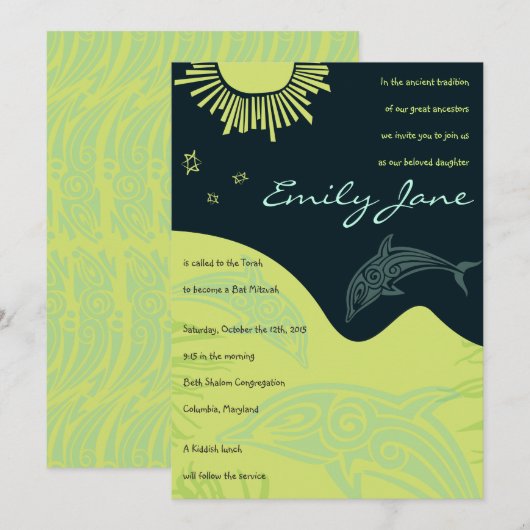 DANCING DOLPHINS Bat Mitzvah Uitnodiging (Voorkant / Achterkant)