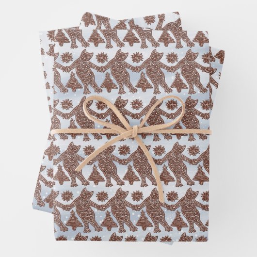 Dancing Gingerbread Cats Gift Wrap (op wit) Inpakpapier Vel (In situ)