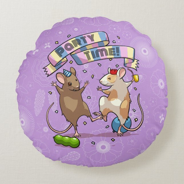 Dancing Mice Party Time Banner Confetti & Ballonne Rond Kussen (Voorkant)