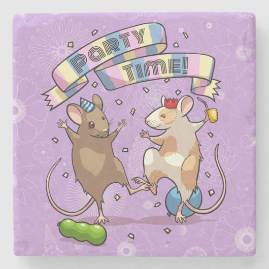 Dancing Mice Party Time Banner Confetti & Ballonne Stenen Onderzetter (Voorkant)