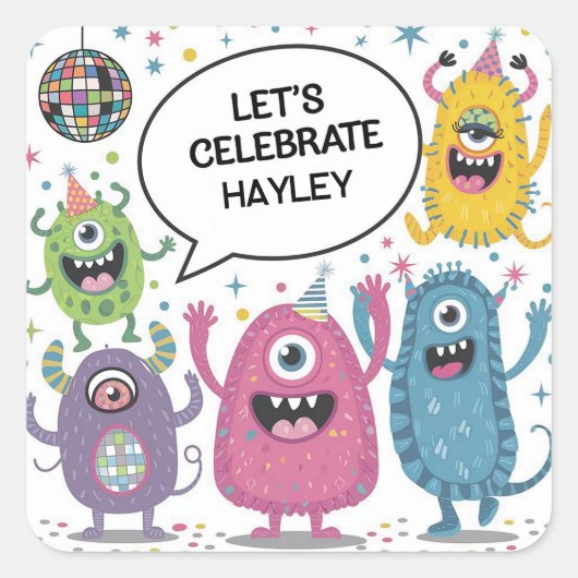 Dancing Monsters Party Kids Verjaardag Ontwerp Vierkante Sticker (Voorkant)