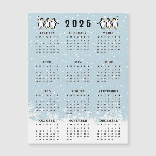 Dancing Penguins 2026 Calendar Magnetic Card (Voorkant)