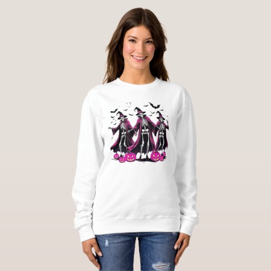 Dancing Pink Skeleton Halloween Heks Sweatshirt (Voorkant volledig)