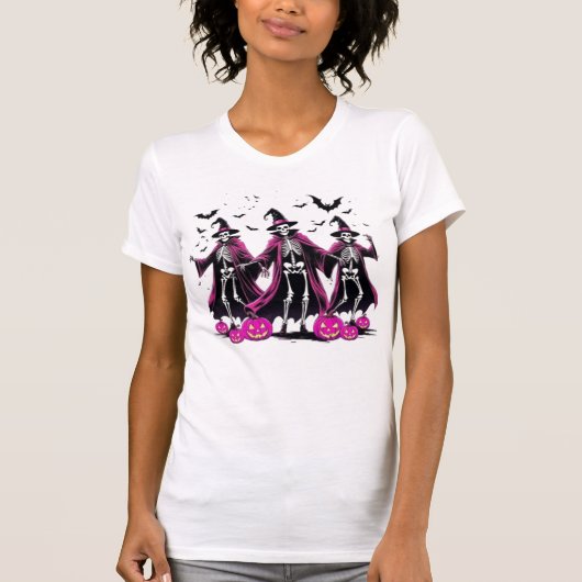 Dancing Pink Skeleton Halloween Witch T-shirt (Voorkant)