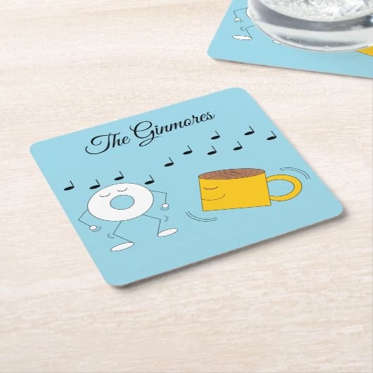 Dancing Poedervormige Donut & Coffee Mok: Kartonnen Onderzetters (Schuin)