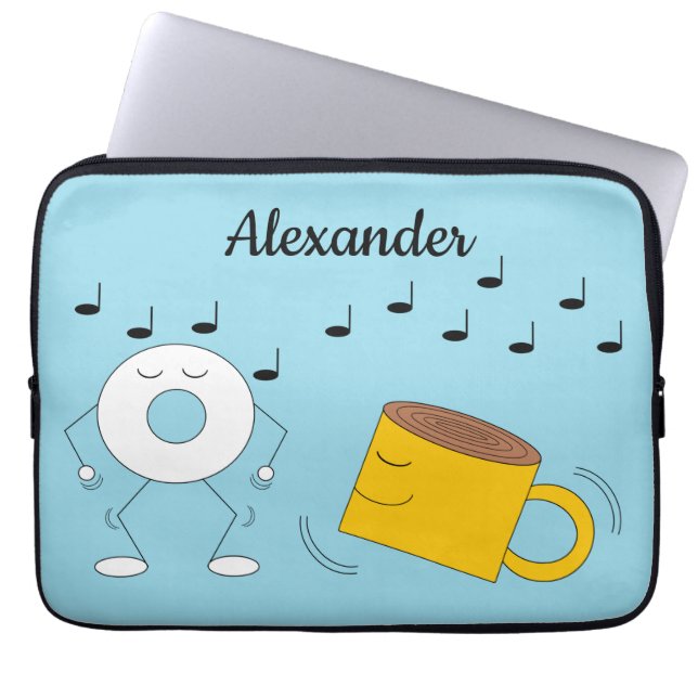 Dancing Poedervormige Donut &amp; Coffee Mok: Laptop Sleeve (Voorkant)