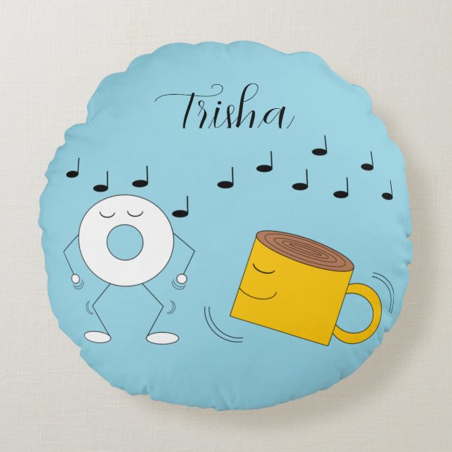 Dancing Poedervormige Donut & Coffee Mok: Rond Kussen (Voorkant)