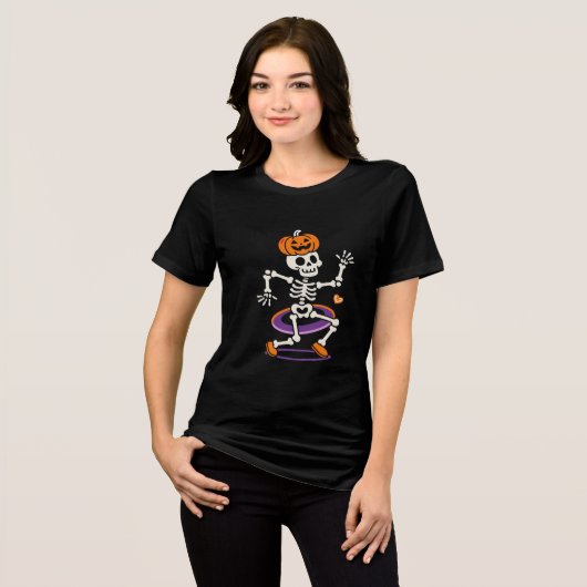Dancing Pumpkin Skeleton Grappig Halloween Vrouwen Tri-Blend Shirt (Voorkant volledig)