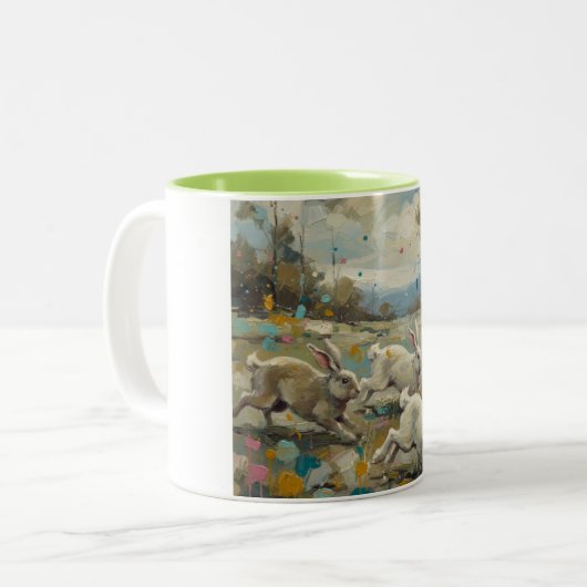 Dancing Rabbits at Dawn Tweekleurige Koffiemok (Voorkant links)