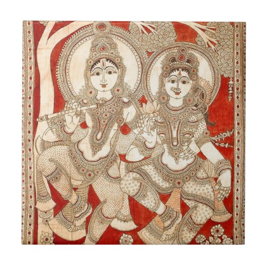 DANCING RADHA KRISHNA KALAMKARI ART OF INDIA TEGELTJE (Voorkant)