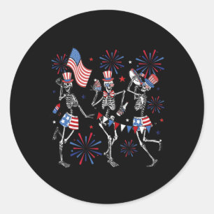 Dancing Skeleton Amerikaanse Vlag Vuurwerk Patriot Ronde Sticker
