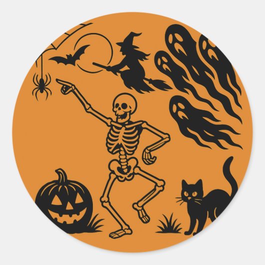 Dancing Skeleton & Black Cat Halloween Sticker (Voorkant)