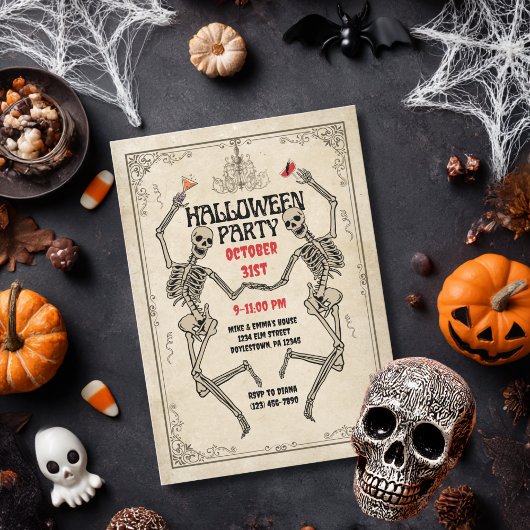  Dancing Skeleton Elegant Gothic Halloween Kaart
