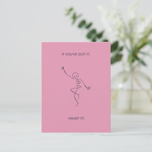 Dancing Skeleton Halloween Roze Briefkaart (Staand voorkant)