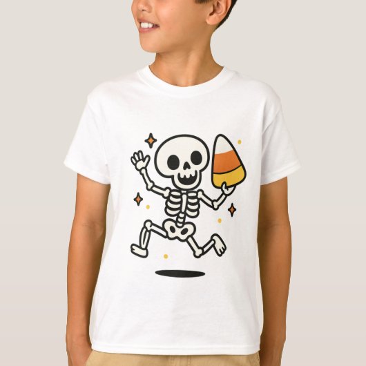 Dancing Skeleton met Candy Corn Halloween T-shirt (Voorkant)