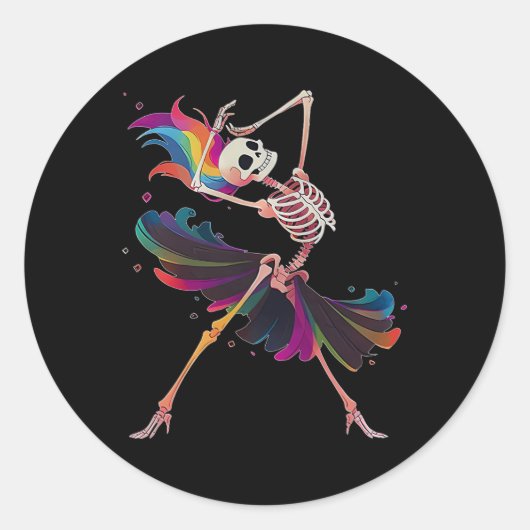 Dancing Skeleton Rainbow Ballerina Halloween Ronde Sticker (Voorkant)