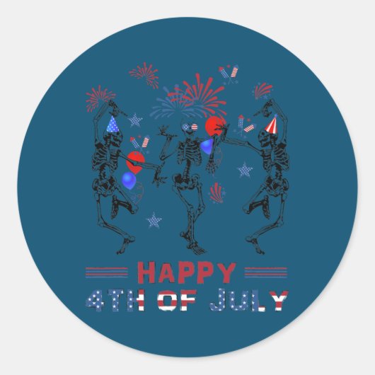 Dancing Skeletons Fireworks Happy 4th of July Ronde Sticker (Voorkant)