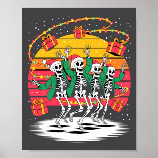 Dancing Skeletons With Santa Hats Christmas Lights Poster (Voorkant)