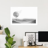 Dandelion Air Ballon Gray Mountains Mystical Poster (Thuiskantoor)