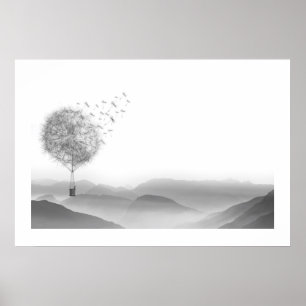 Dandelion Air Ballon Gray Mountains Mystical Poster