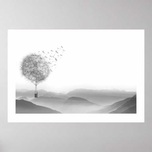Dandelion Air Ballon Gray Mountains Mystical Poster (Voorkant)