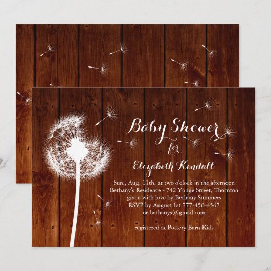 Dandelion Baby shower Invitation - hout Kaart (Voorkant / Achterkant)