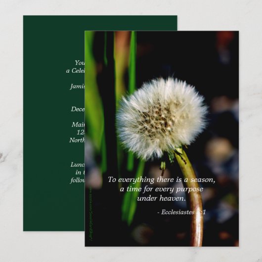 Dandelion Celebration of Life Invitation Scripture Kaart (Voorkant / Achterkant)