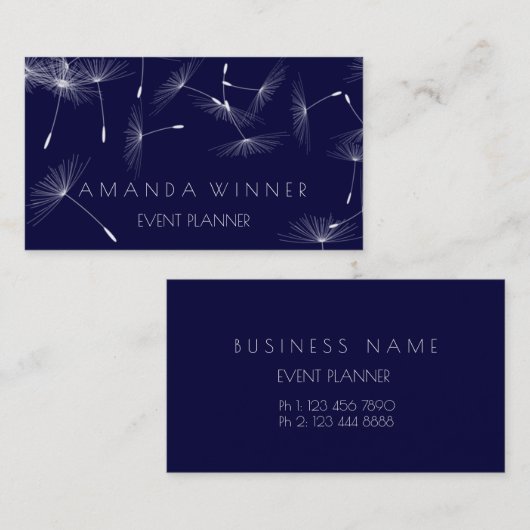 Dandelion Confetti Blue Navy White Event Visitekaartje (Voorkant / Achterkant)