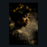 Dandelion Crown Melanin Glow Portrait Perfect Poster<br><div class="desc">Golden light caresses rich brown skin, illuminating sculpted cheekbones, glossy lips, and soulful dark eyes beneath a voluminous natural afro adorned with delicate yellow dandelions and their feathery seeds. The wildflowers form an organic crown that feels alive and symbolic—growth emerging from within, fragility turned into strength, renewal woven into identity....</div>