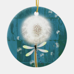 Dandelion dragonfly rustig blauw schuurhout keramisch ornament