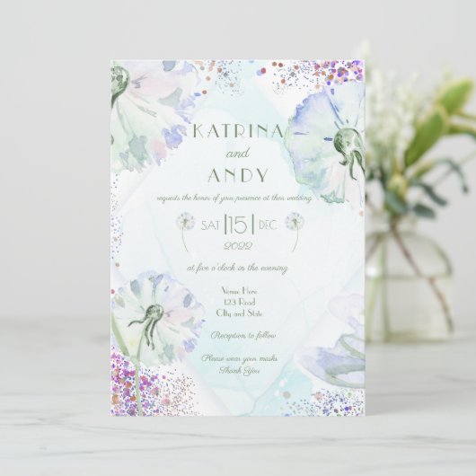 Dandelion en Glitter Wedding Invitation Kaart (Staand voorkant)