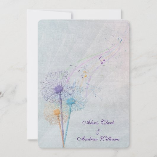 dandelion en muzikale noten op trouwtulle kaart (Voorkant)