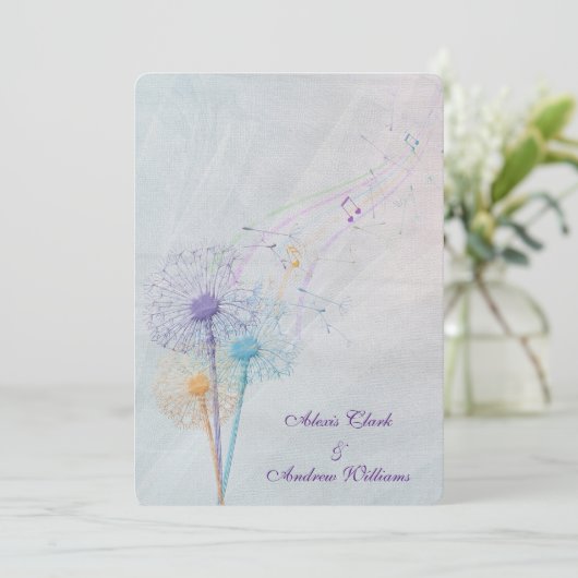 dandelion en muzikale noten op trouwtulle kaart (Staand voorkant)