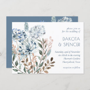 Dandelion Floral Stusty Blue Garden Muted Weddin Kaart