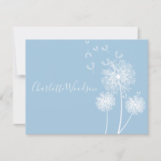 Dandelion Flowers Dusty Blue Script Name Note Kaar Notitiekaartje (Voorkant)