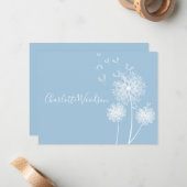 Dandelion Flowers Dusty Blue Script Name Note Kaar Notitiekaartje (Voorkant / Achterkant in situ)