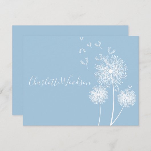 Dandelion Flowers Dusty Blue Script Name Note Kaar Notitiekaartje (Voorkant / Achterkant)