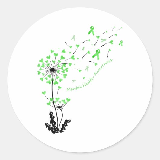 Dandelion Heart Green Ribbon Mental Health Awarene Ronde Sticker (Voorkant)