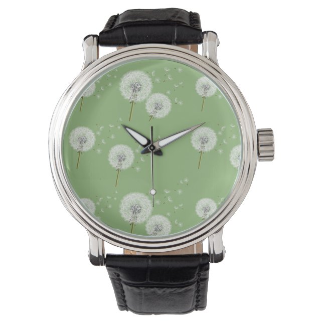 Dandelion Pattern on Green Background Horloge (Voorkant)