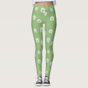 Dandelion Pattern on Green Background Leggings