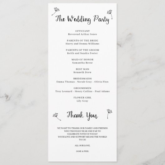 Dandelion Rustic Wedding Programme Programmakaart (Achterkant)