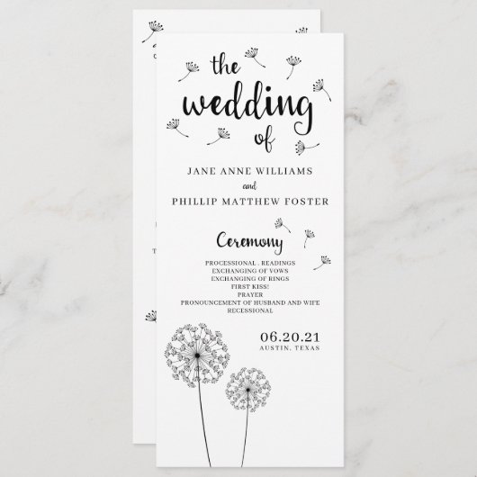Dandelion Rustic Wedding Programme Programmakaart (Voorkant / Achterkant)