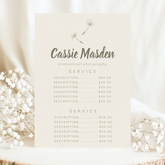 Dandelion Seed Rustic Botanical Service Price Menu