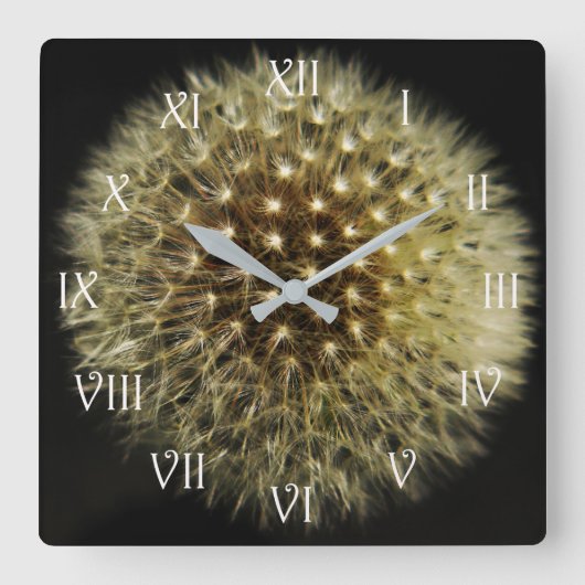 Dandelion Seedhead White Script Roman wcn Vierkante Klok (Voorkant)