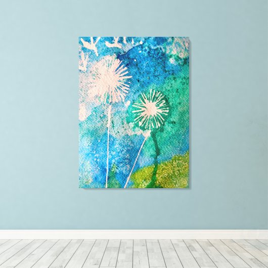 Dandelion waterverf abstract blauw en groen canvas afdruk (Insitu (Houten vloer))
