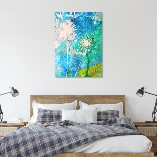 Dandelion waterverf abstract blauw en groen canvas afdruk (Insitu (Slaapkamer))