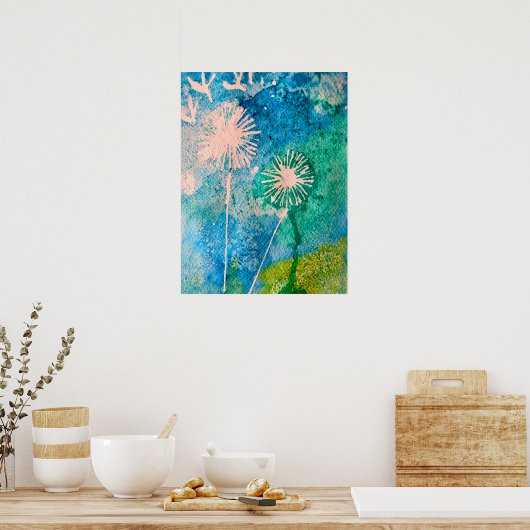 Dandelion waterverf abstract blauw en groen poster (Keuken)