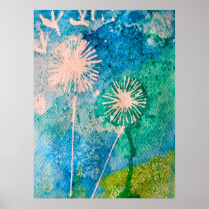 Dandelion waterverf abstract blauw en groen poster